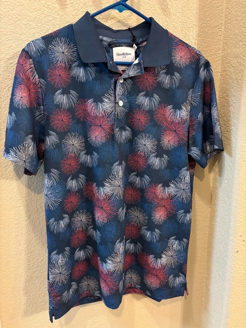 Goodfellow & Co Navy Polo with Red and White Burst Motif